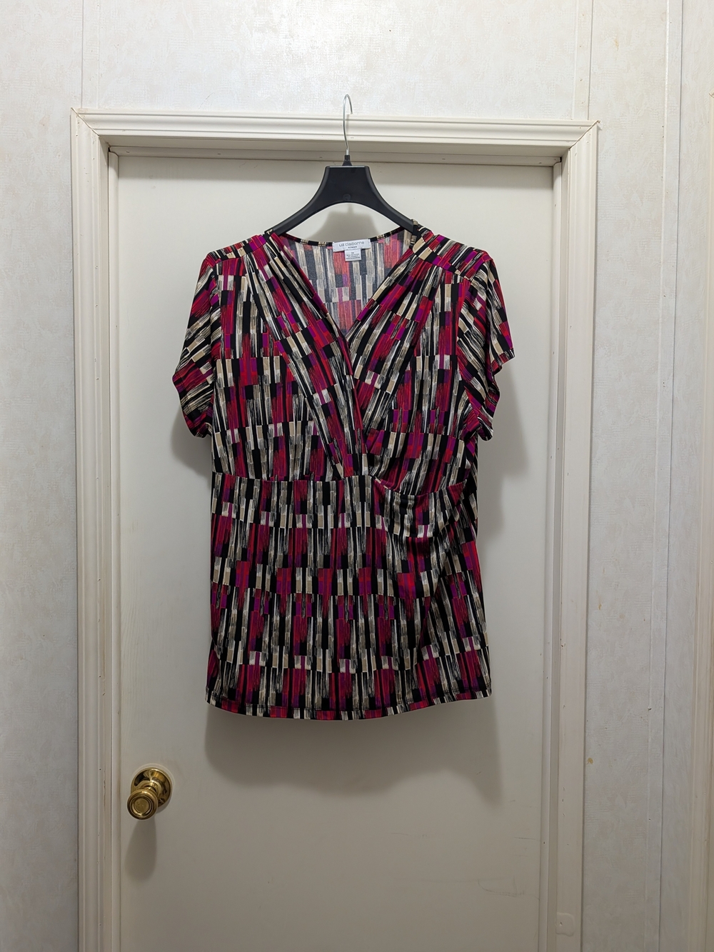 Liz Claiborne Pink and Black Geometric Surplice Blouse